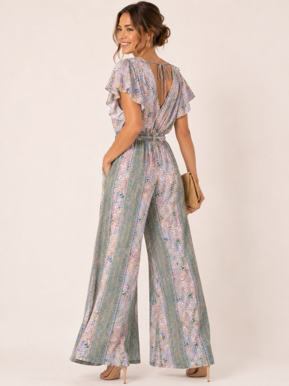 White Waves Boho Floral Metallic Maxi Jumpsuit L/XL